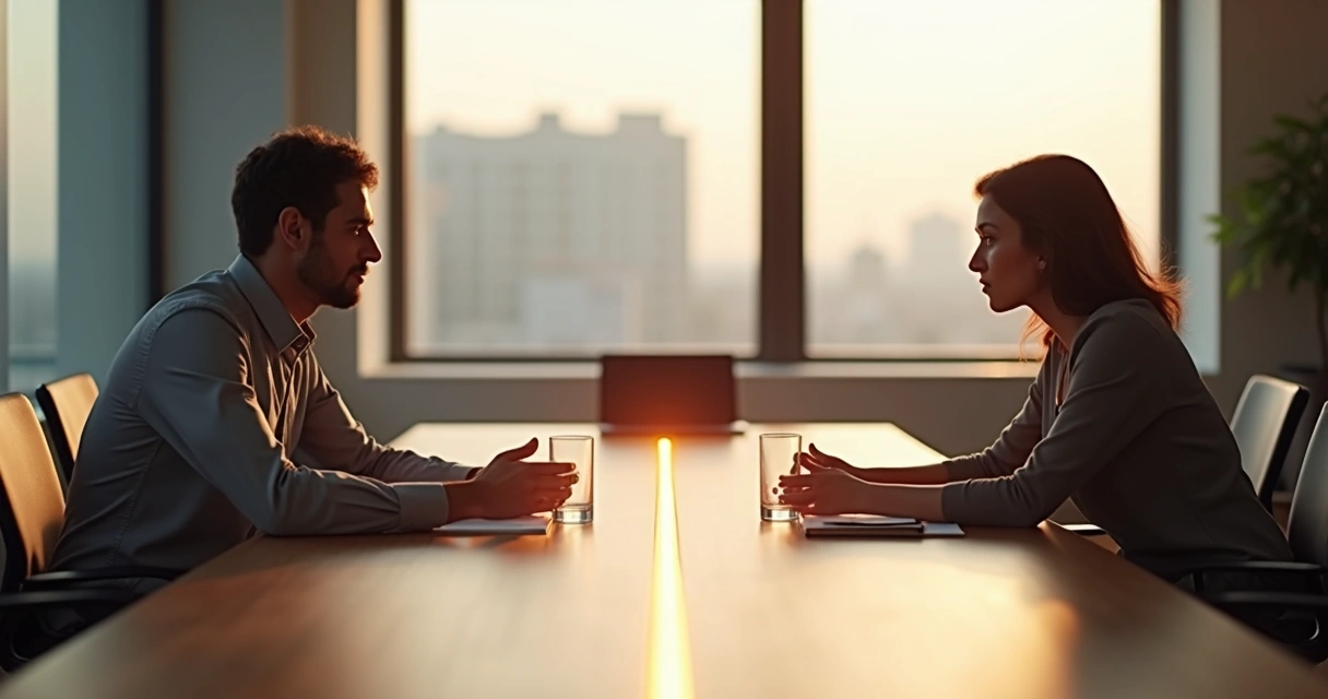 Two people facing each other at a table, one turned away and the other calmly engaging in conversation 