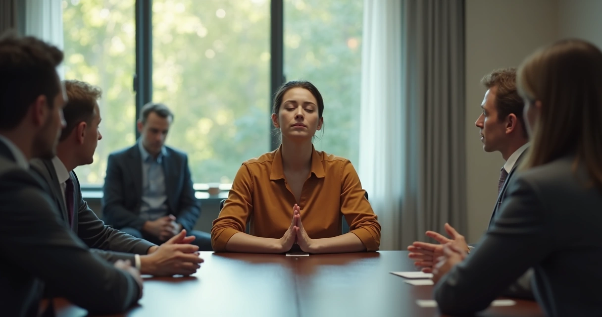 Person practicing box breathing, sitting with eyes closed, in a tense office setting 