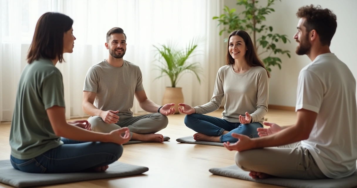 Group of four adults sitting in a circle on floor cushions in a sunlit room, hands open, listening to each other, calm and focused, with soft natural colors and a plant in the corner. 
