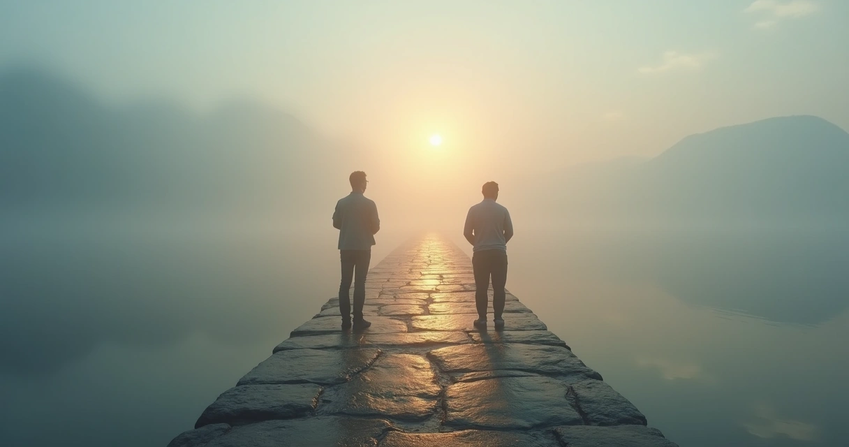 Two people facing each other on a narrow bridge emerging from fog 