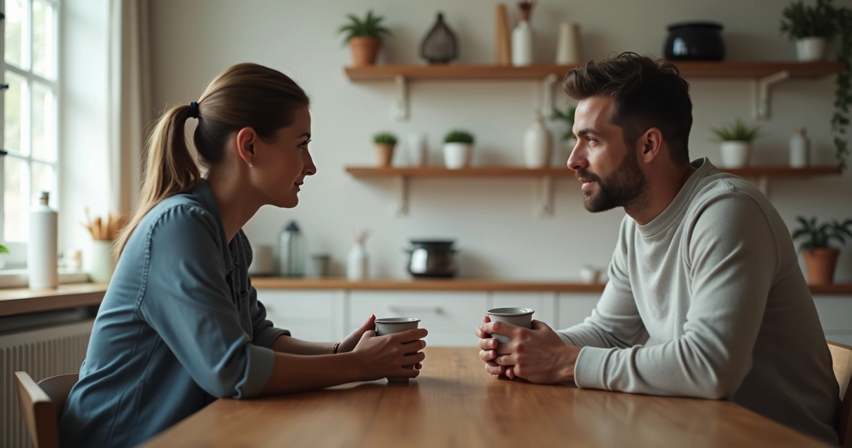Two people sitting at a table facing each other, calmly discussing with open body language, neutral indoor background