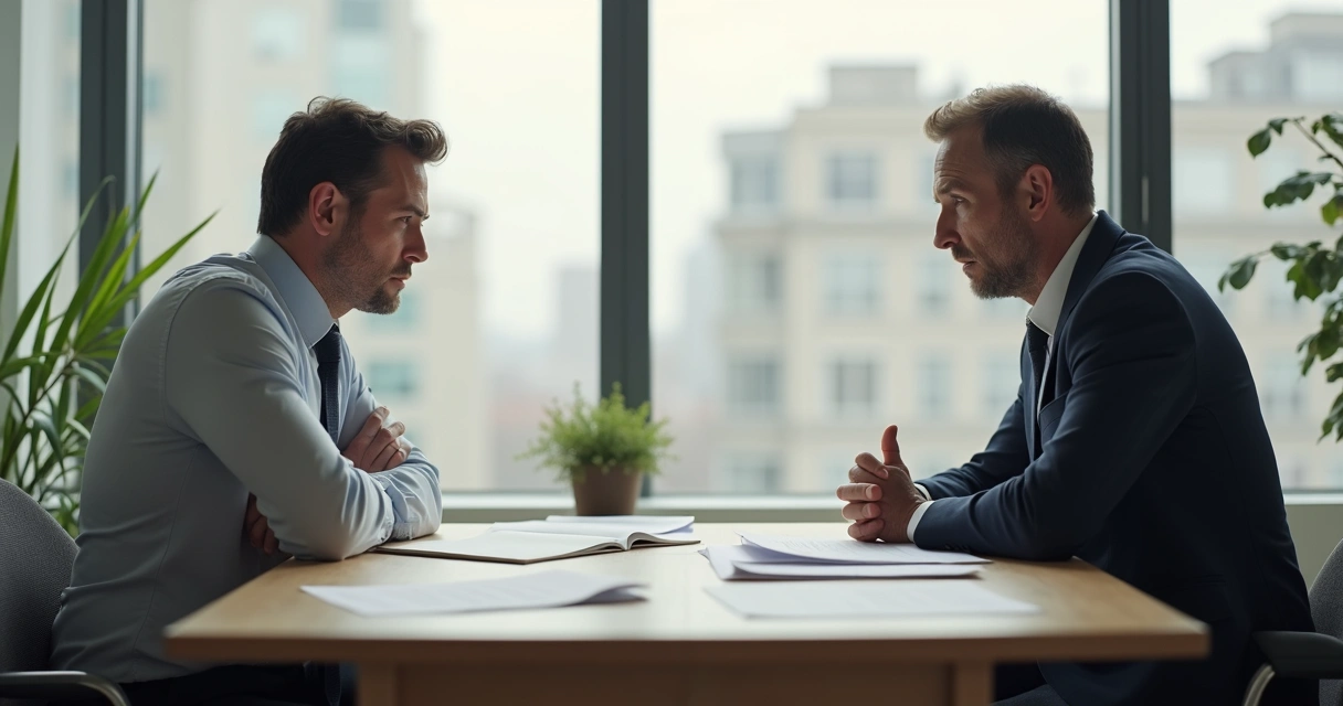 Two people in an office with tense body language, avoiding eye contact. 