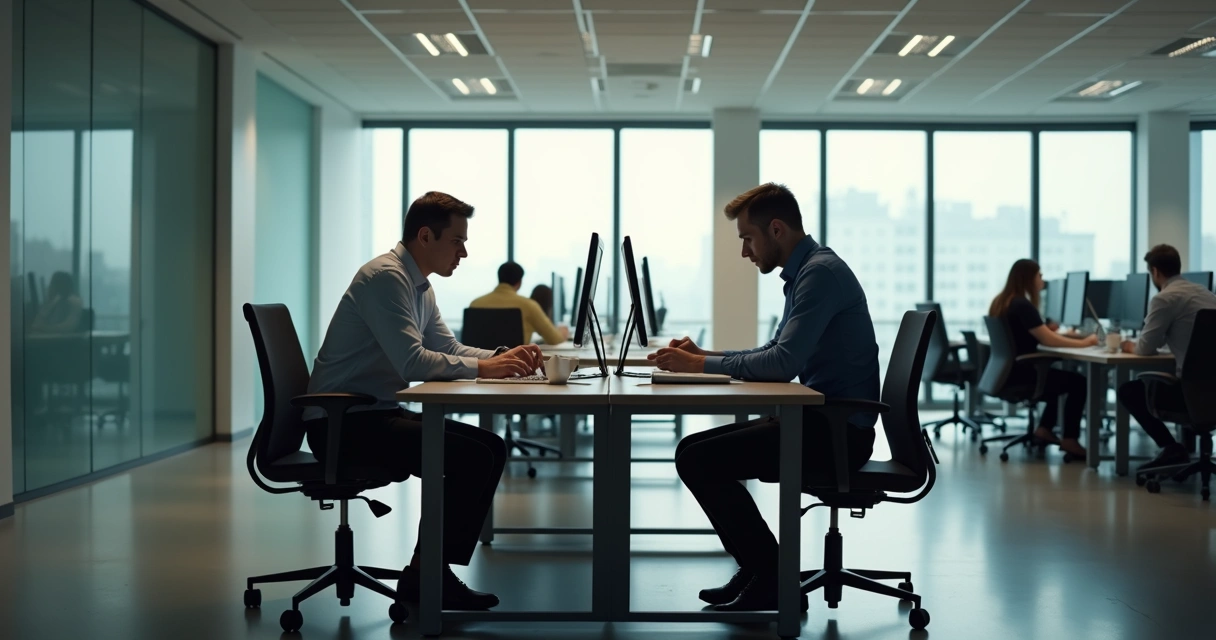 Office scene where two colleagues avoid eye contact, suggesting silent conflict while others work around them 
