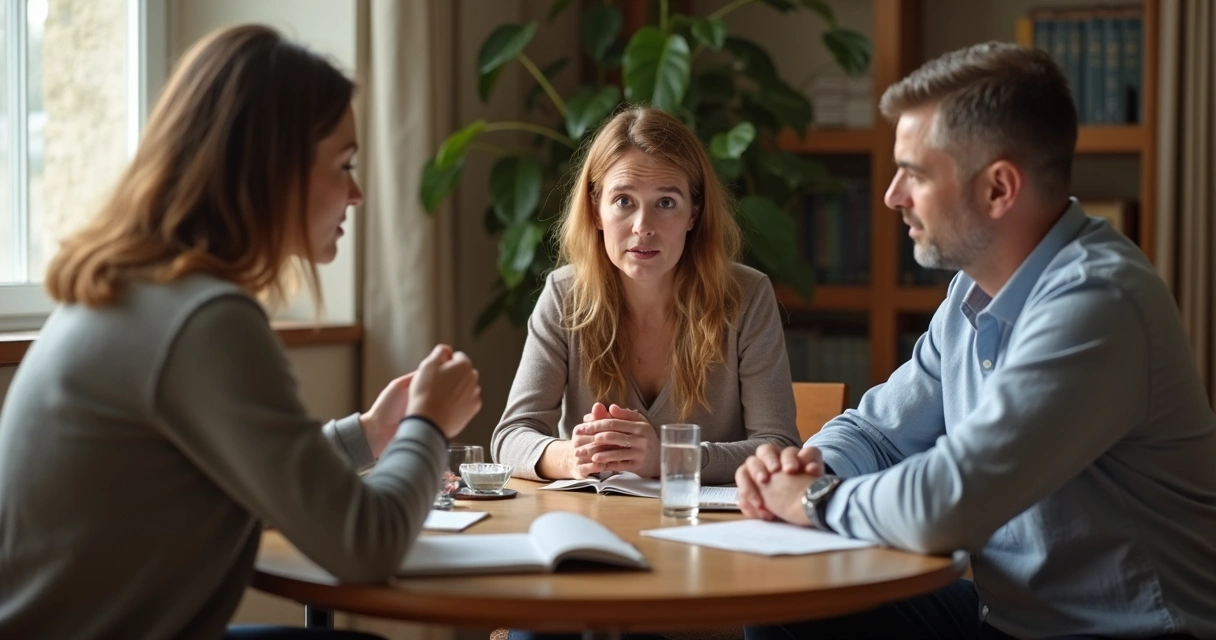 Two people in a calm mediation meeting with a facilitator and notes on a table 