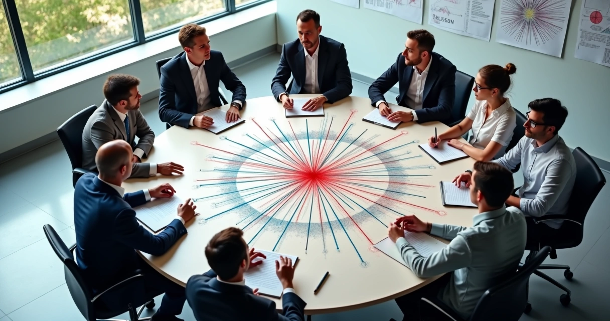 Team sitting around a table, colorful interconnected lines show recurring conflict patterns between members 