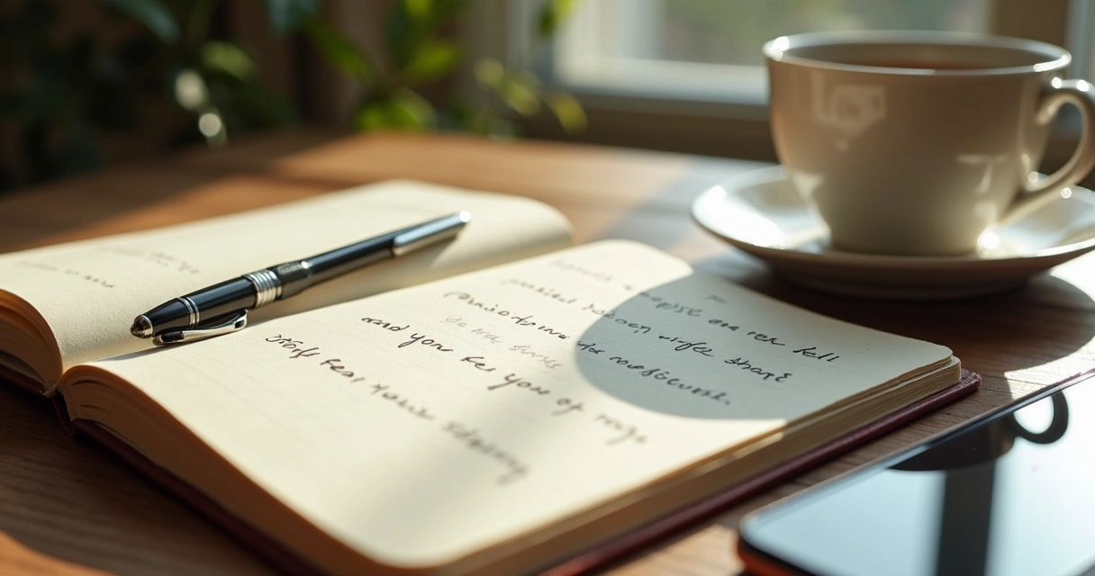 Open journal beside tea during a conflict reflection pause