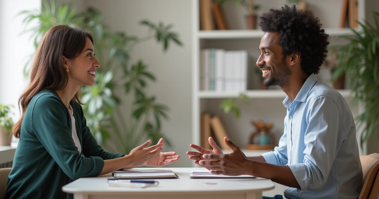 Two adults having a calm discussion at a table with open body language and a notebook between them