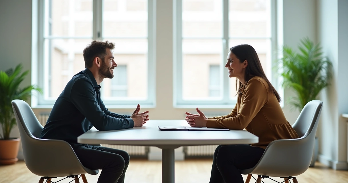 Two people sitting at a table, having a calm discussion in a bright office 