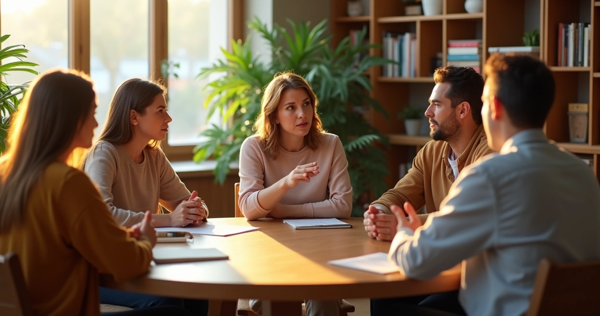 Diverse group talking calmly around a table, some nodding, one listening closely 