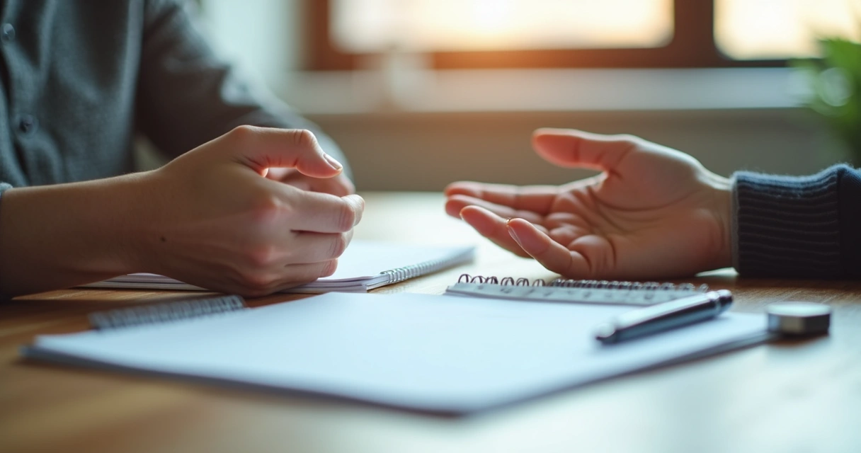 Two people sitting across a table, hands relaxed, open notepads 