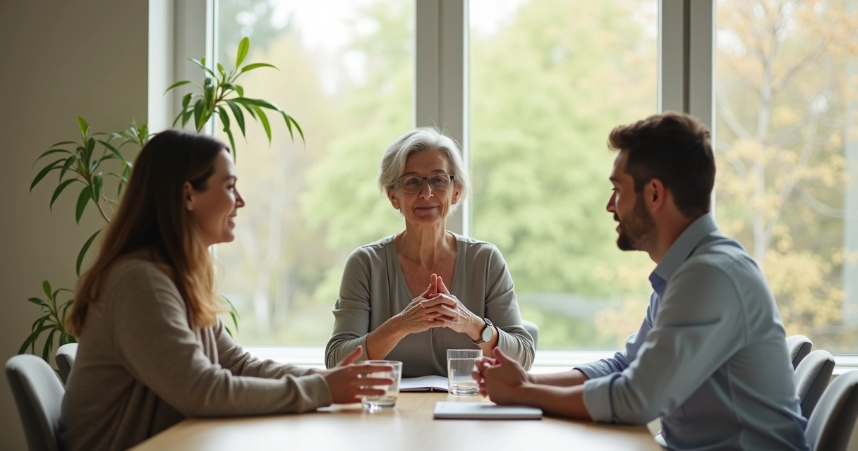 Two people resolving a conflict with a calm mediator in a bright minimalist room 