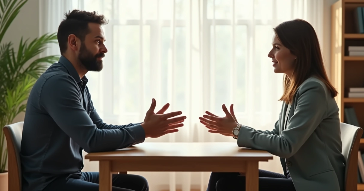 Two people engaged in focused conversation at a small table, one listening intently to the other with open posture.