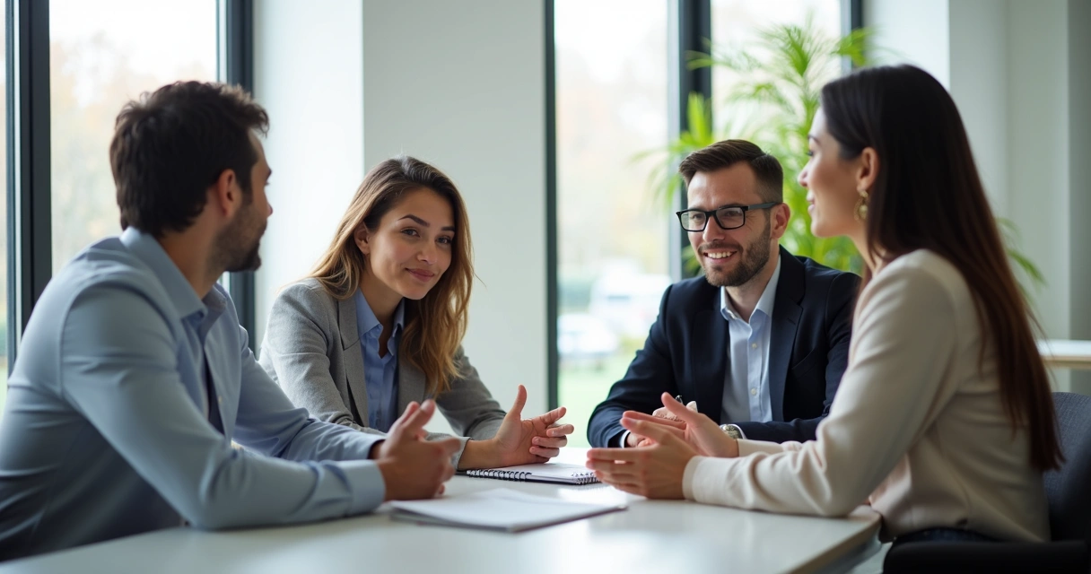 People sitting together calmly, resolving a disagreement in a bright office 