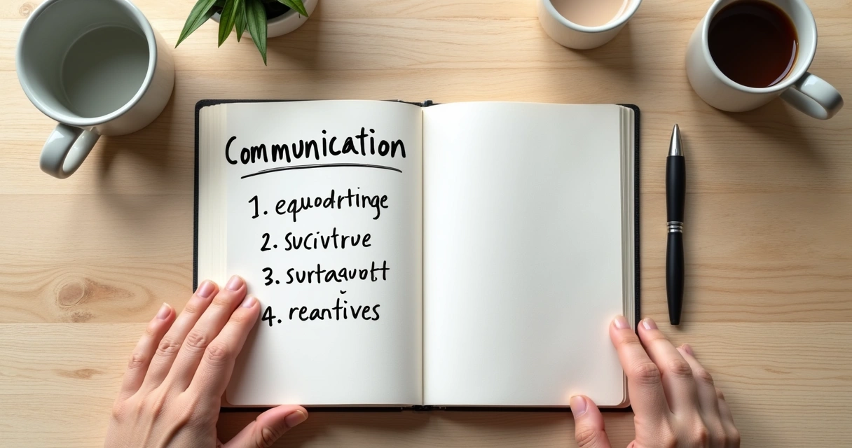 Notebook showing communication steps beside two cups on a table