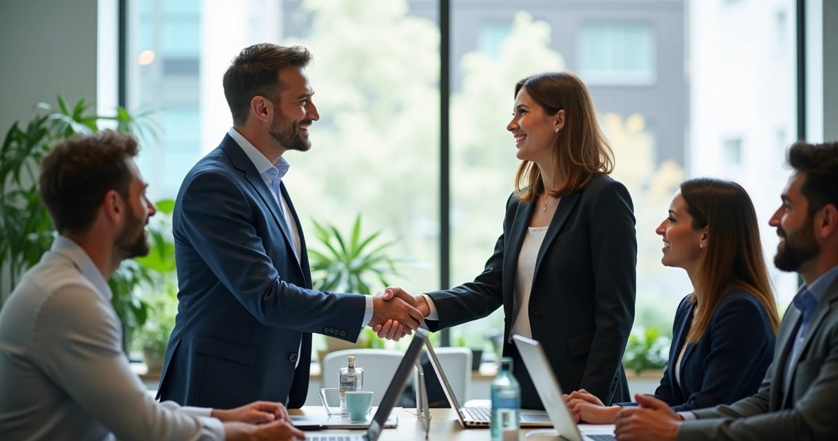 Two colleagues shaking hands after a discussion in office 