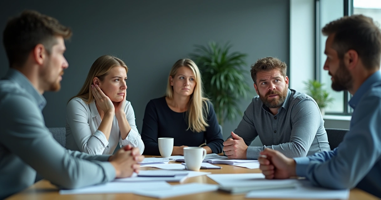 Varied facial expressions in a group during a tense conversation. 