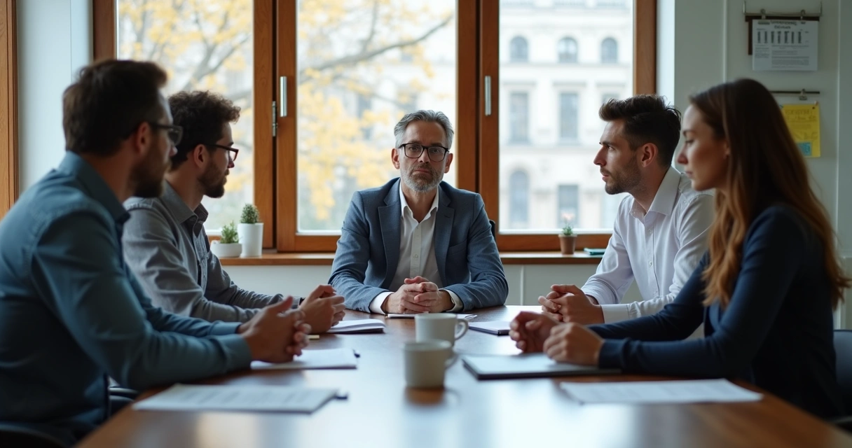 Team in a meeting handling conflict 