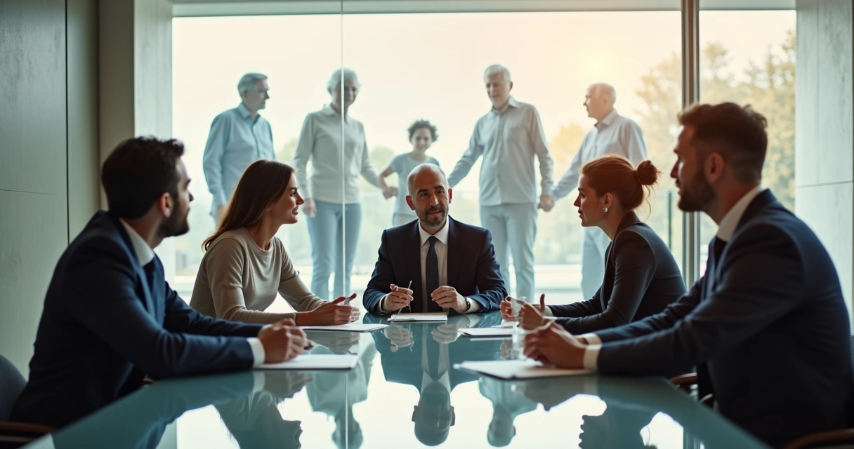 Business colleagues negotiating with family portrait shadows 
