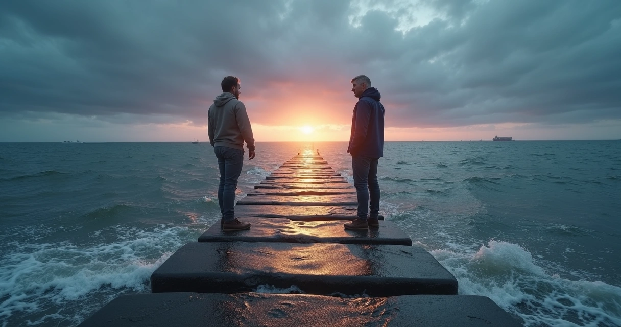 Two people facing each other on stepping stones over a choppy sea 