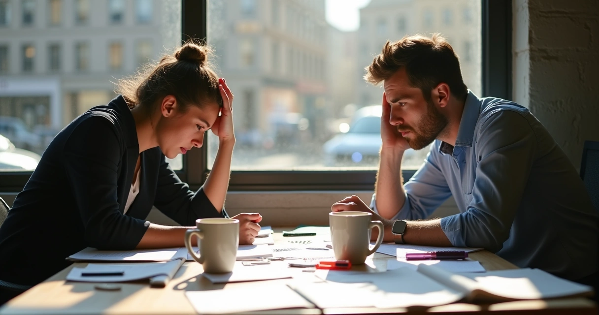 Two people sitting at a table with papers scattered, looking stressed while holding pens 