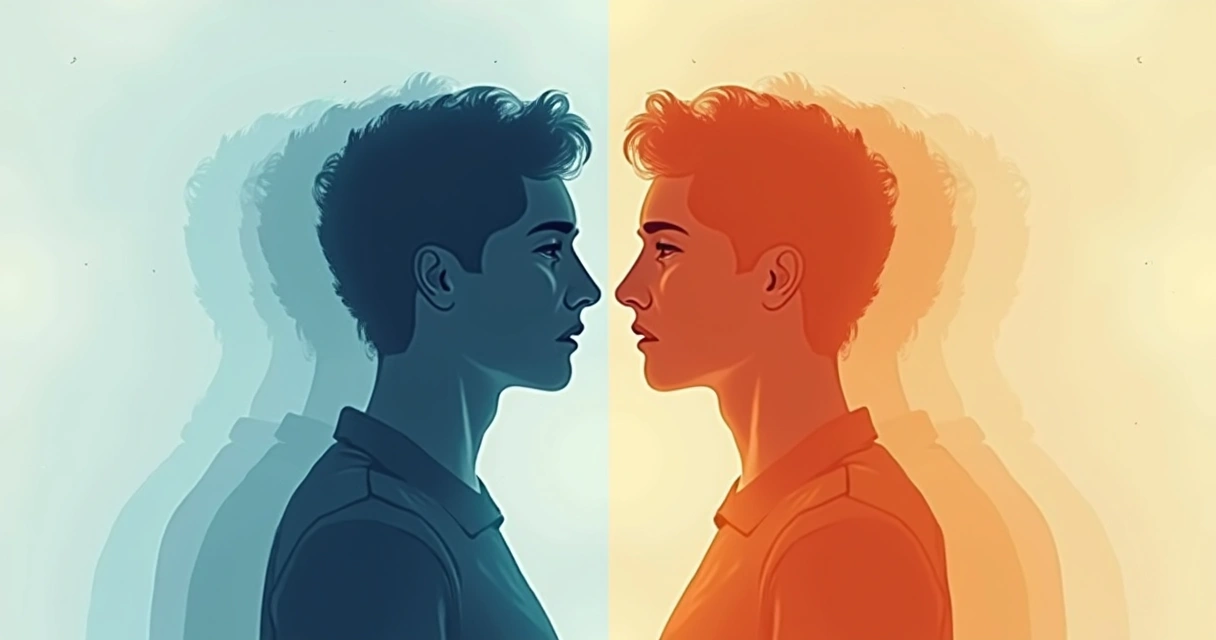 Illustration of a person with two overlapping transparent profiles, each facing different directions. 