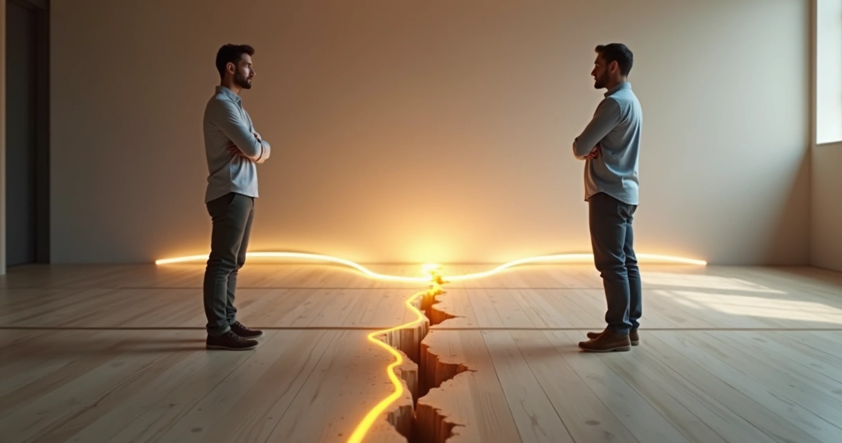 Dos personas separadas por una grieta unidas por un puente luminoso en forma de espiral 