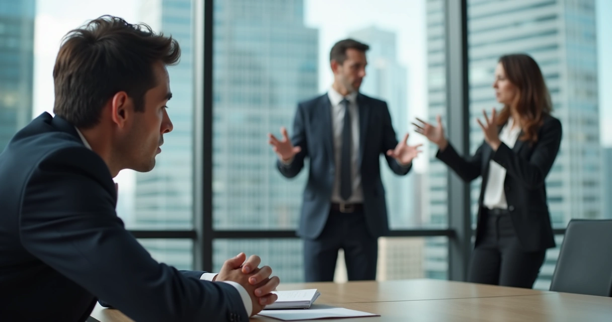 Dos personas discuten acaloradamente en una oficina moderna mientras otra se toma un momento, respira hondo y observa a ambos, mostrando calma y autoconciencia. 