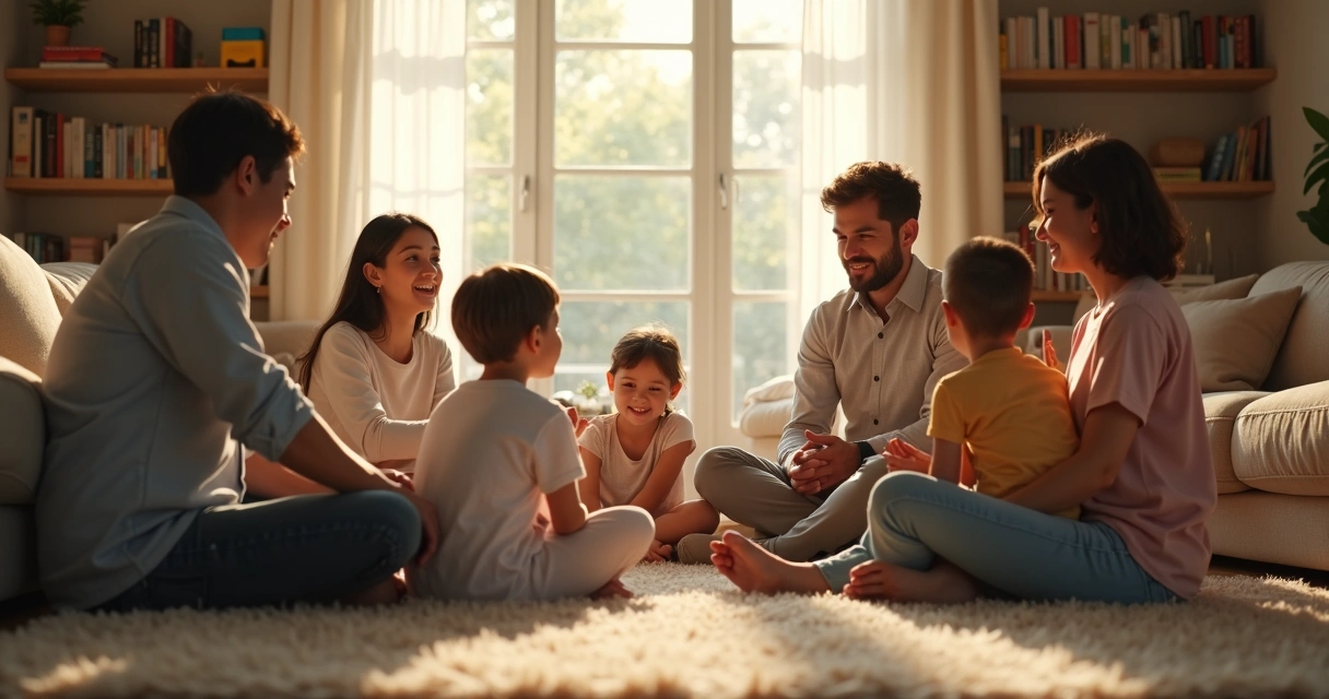 Padres e hijos dialogando en sala de estar moderna. 
