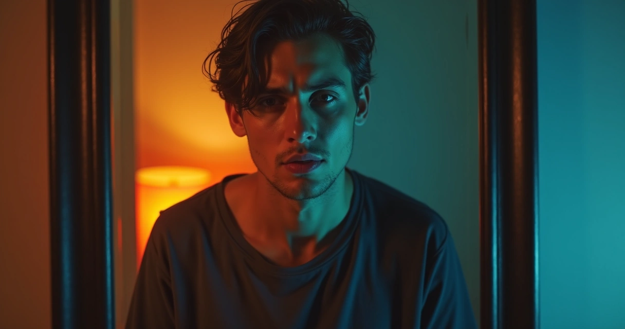 Persona reflejada en el espejo mostrando emociones encontradas 