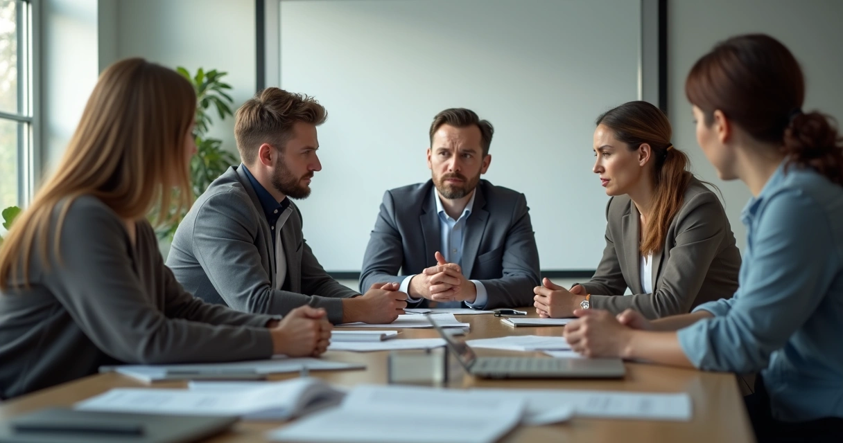 Dos miembros de un equipo discutiendo mientras otros muestran incomodidad en la sala de reuniones 