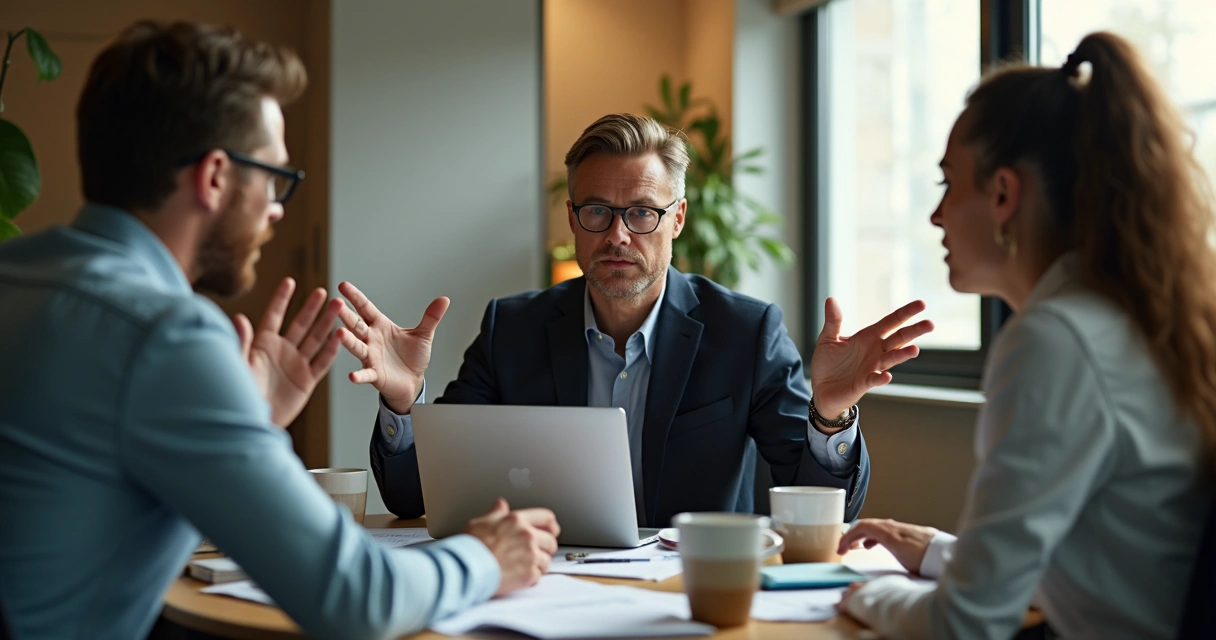 Dos personas en una mesa pequeña con gestos de desacuerdo, mientras otro observa con atención.