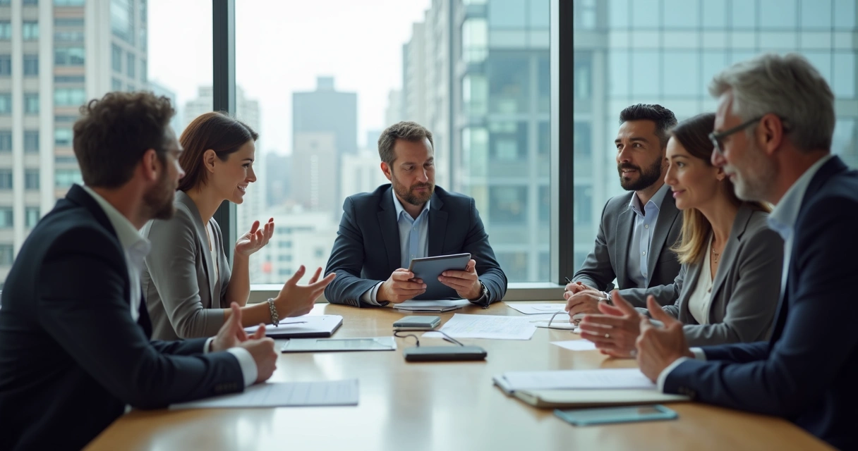Equipo de trabajo en una sala debatiendo una decisión importante. 