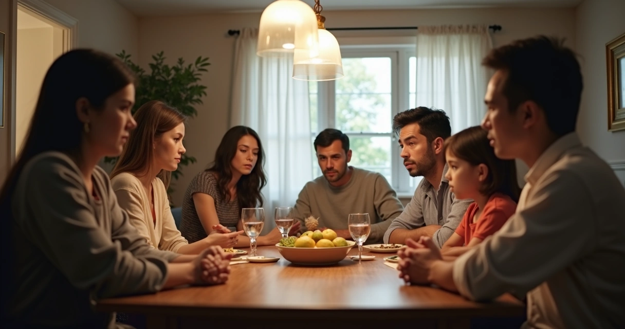 Familia sentada alrededor de una mesa, algunos muestran incomodidad, otros miran con desaprobación