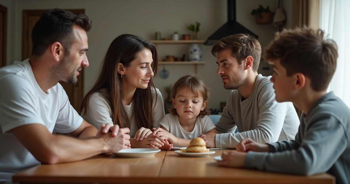 Familia conversando y mostrando emociones conflictivas 