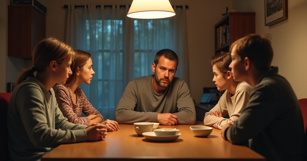 Familia sentada alrededor de una mesa con expresión seria y tensa