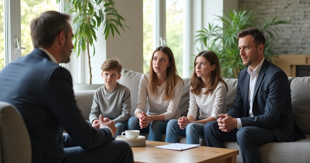 Familia sentada en una sala observando a un mediador 