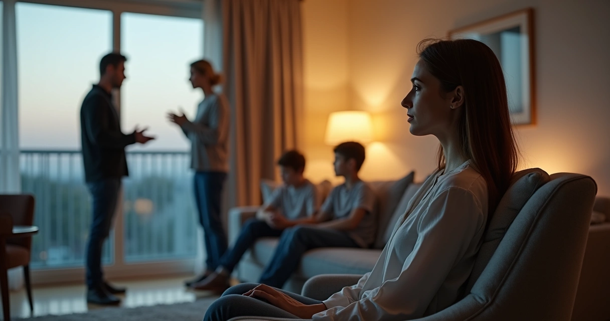 Persona observando en silencio a una familia discutiendo en una sala iluminada 
