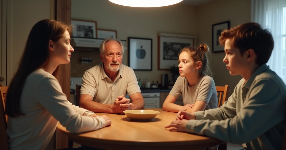 Familia sentada en la mesa con gestos de desacuerdo y expresión pensativa