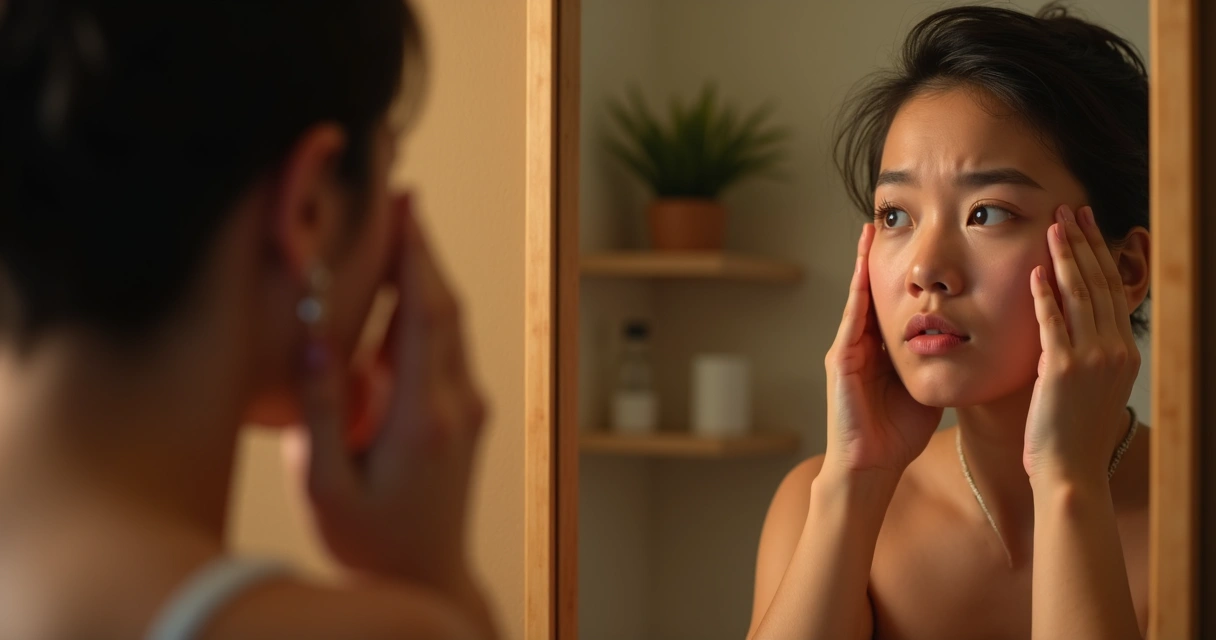 Persona mirando su reflejo en el espejo, expresión de duda