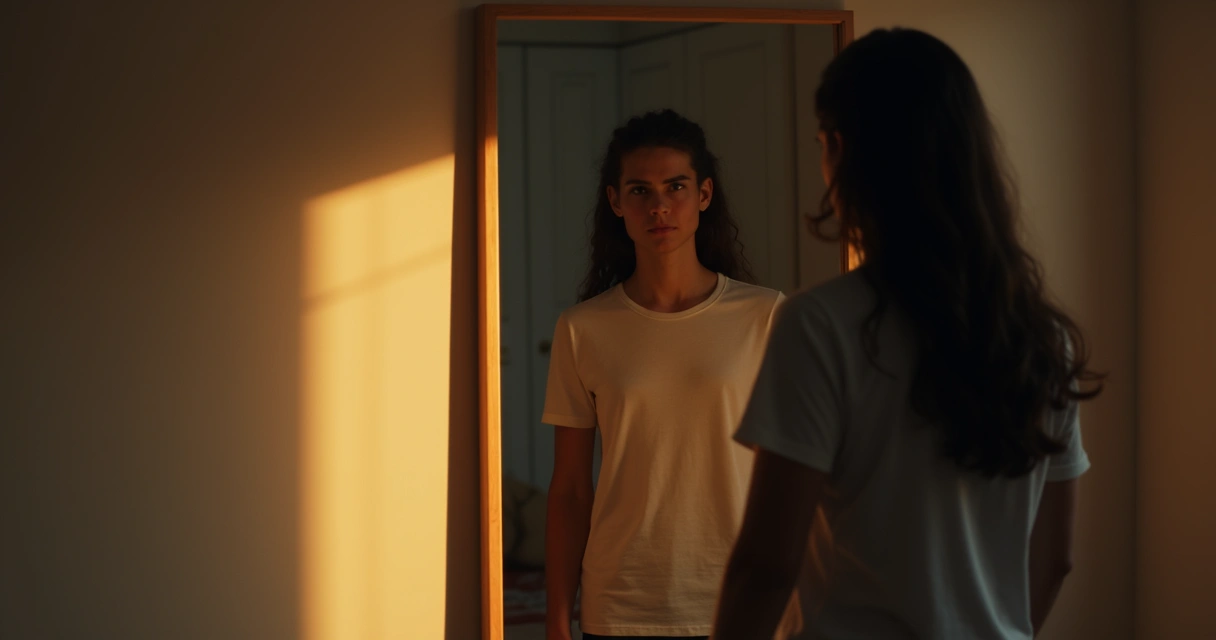 Persona mirando su reflejo dividido en zonas de luz y sombra 