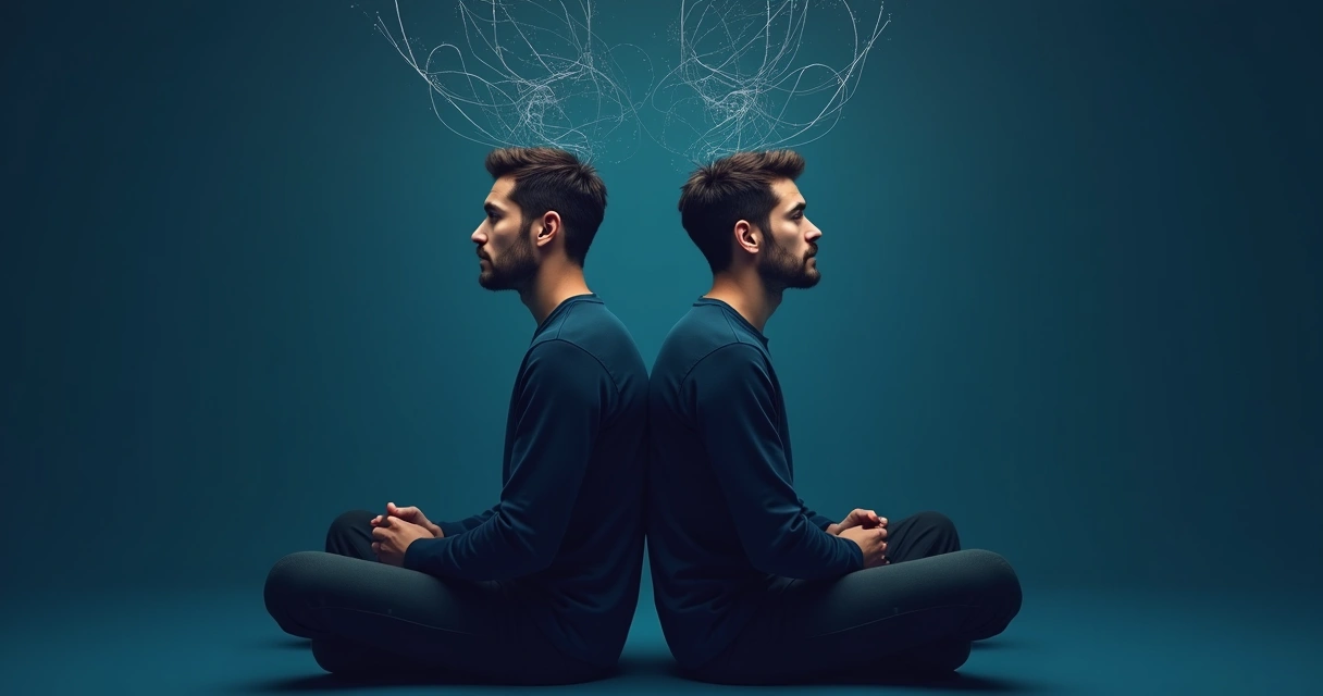 Ilustración de dos figuras en posiciones opuestas con expresiones emocionales contrastantes 