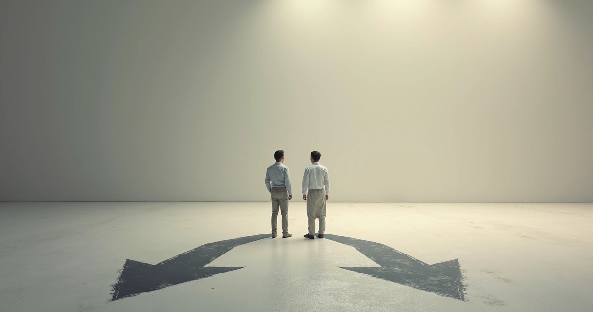 Dos figuras humanas pequeñas de pie en medio de flechas opuestas en el suelo, representando la confusión interna.