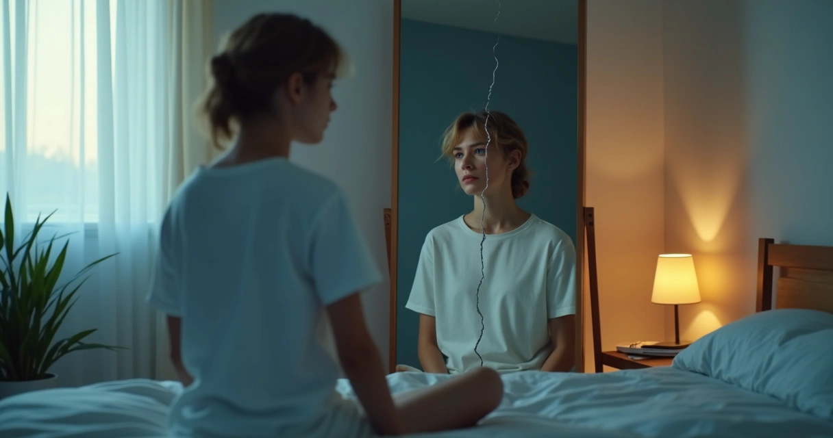 Persona mirando su reflejo dividido en un espejo grande 