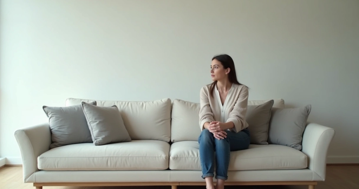 Mujer sentada pensativa mirando al vacío en un espacio minimalista