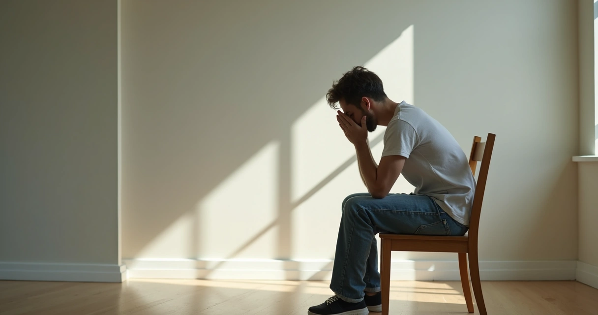 Persona sentada con apariencia reflexiva en una habitación tranquila 