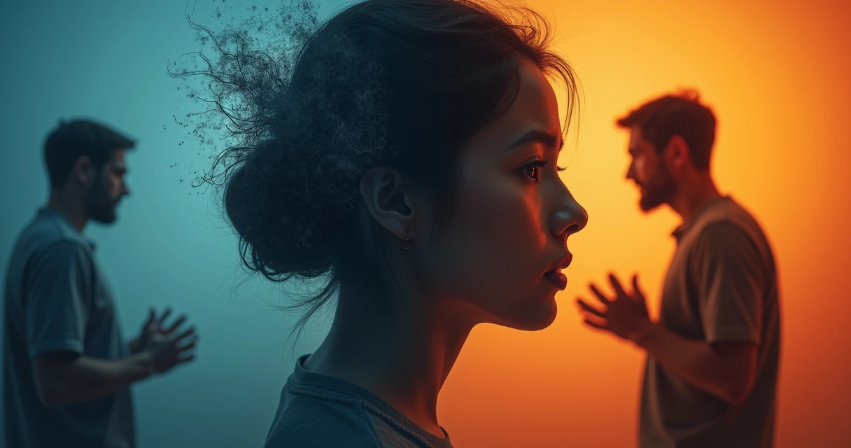 Rostro dividido entre calma interior y discusión con otra persona 