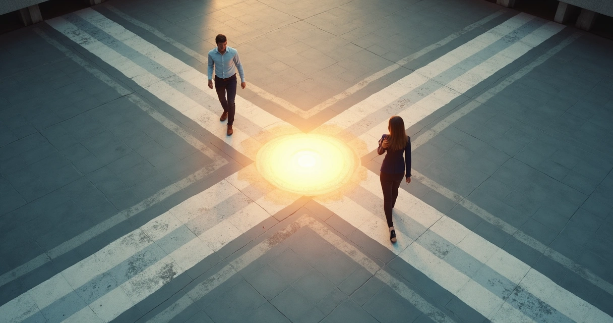 Dos personas en cruce de caminos iluminado tomando decisiones opuestas 