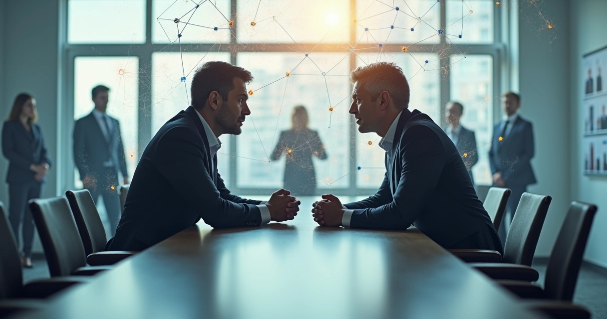 Dos personas enfrentadas con redes sistémicas invisibles alrededor 