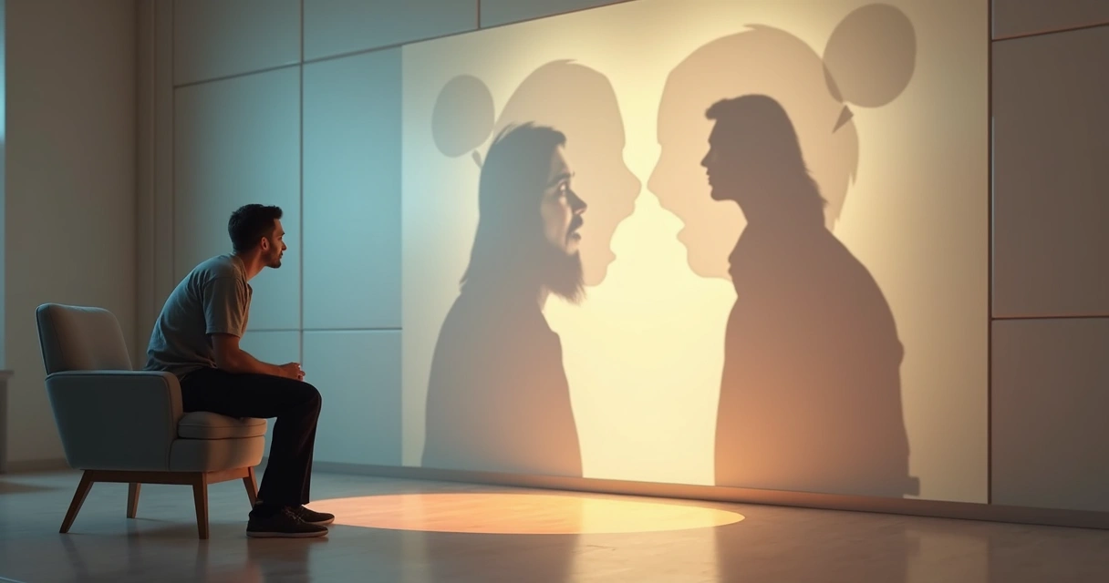 Persona observa conversaciones cruzadas proyectadas en la pared mientras se mantiene serena 