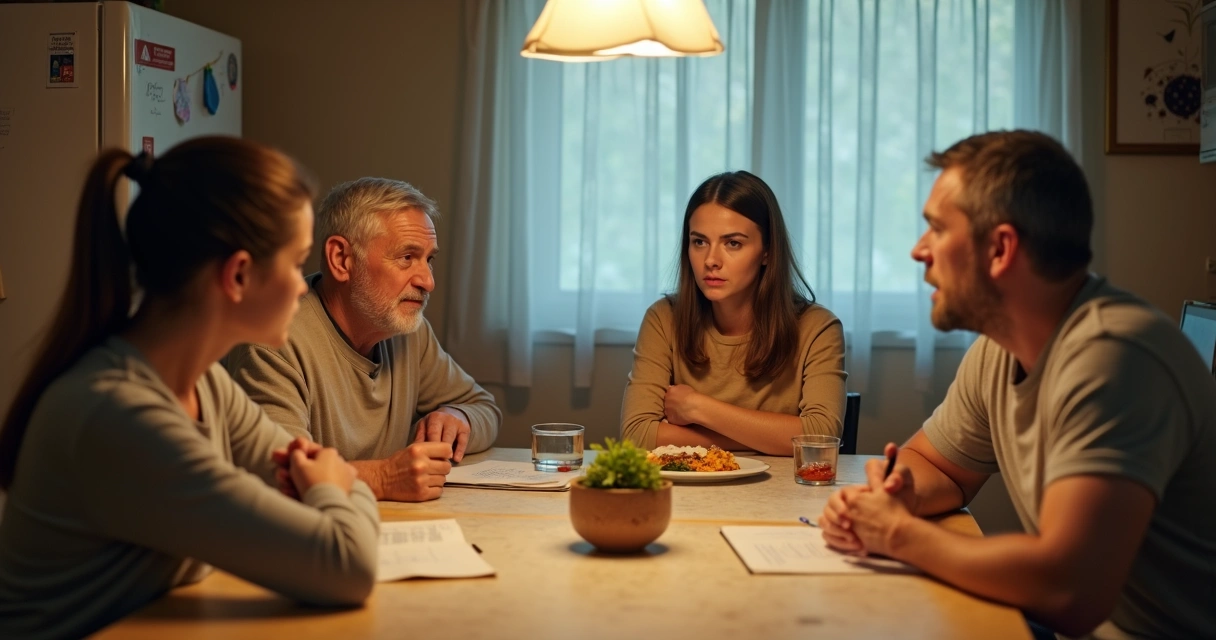 Joven en la mesa mir industrialullen sull mientras familiares discuten al fondo 